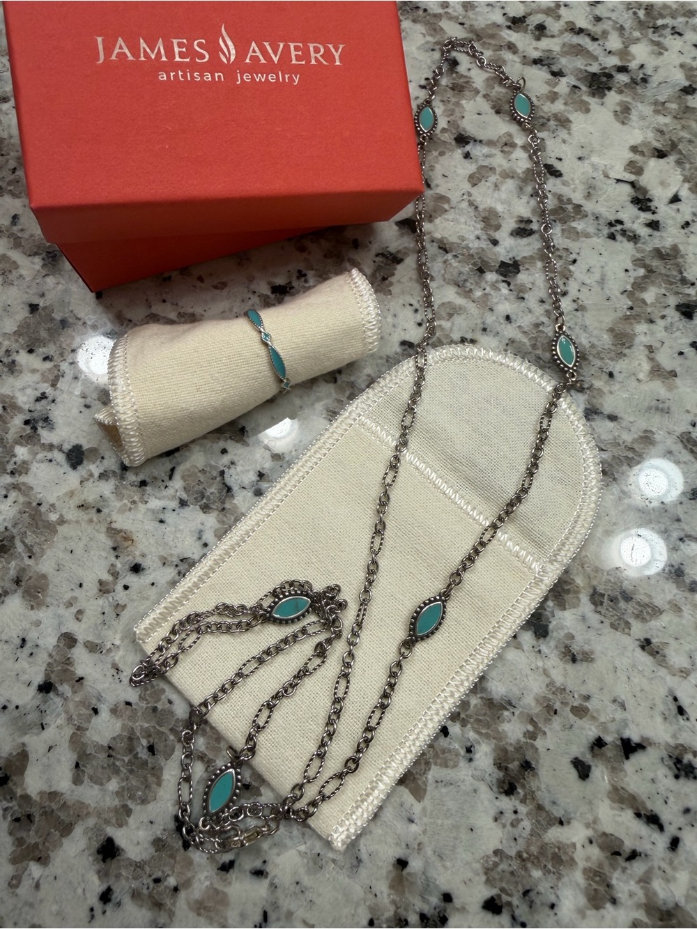 James Avery Turquoise Marquise Station Necklace and Ring - Silver
